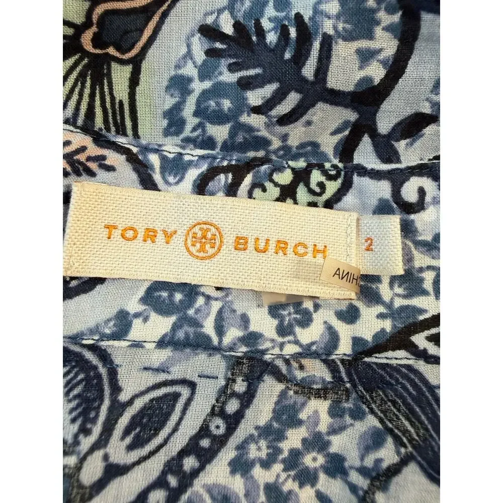 Tory Burch Lightweight Cotton Tunic Top Resort Wear Blue White Floral Size 2